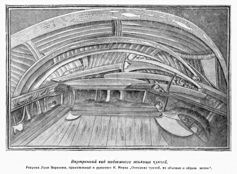 Внутренний вид подземного жилища чукчей, 1785 - 1792 гг. (фрагмент вкладки после стр. 96)